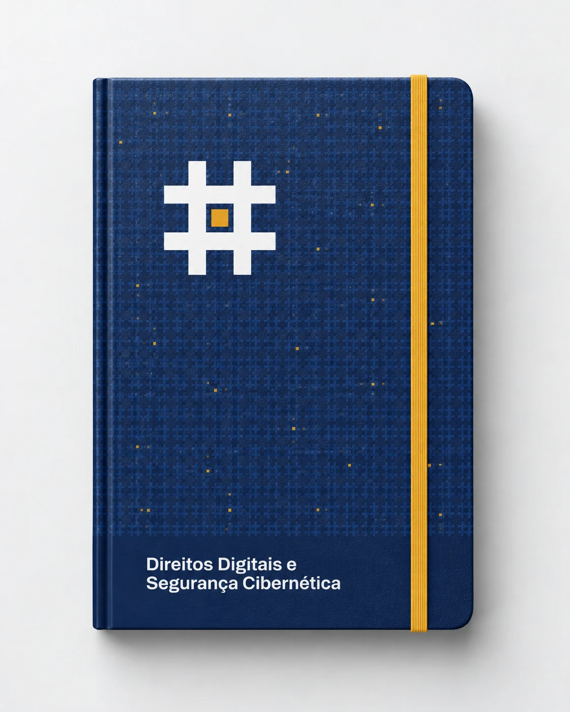 Caderno com capa azul em padrão de células, símbolo branco e elástico âmbar