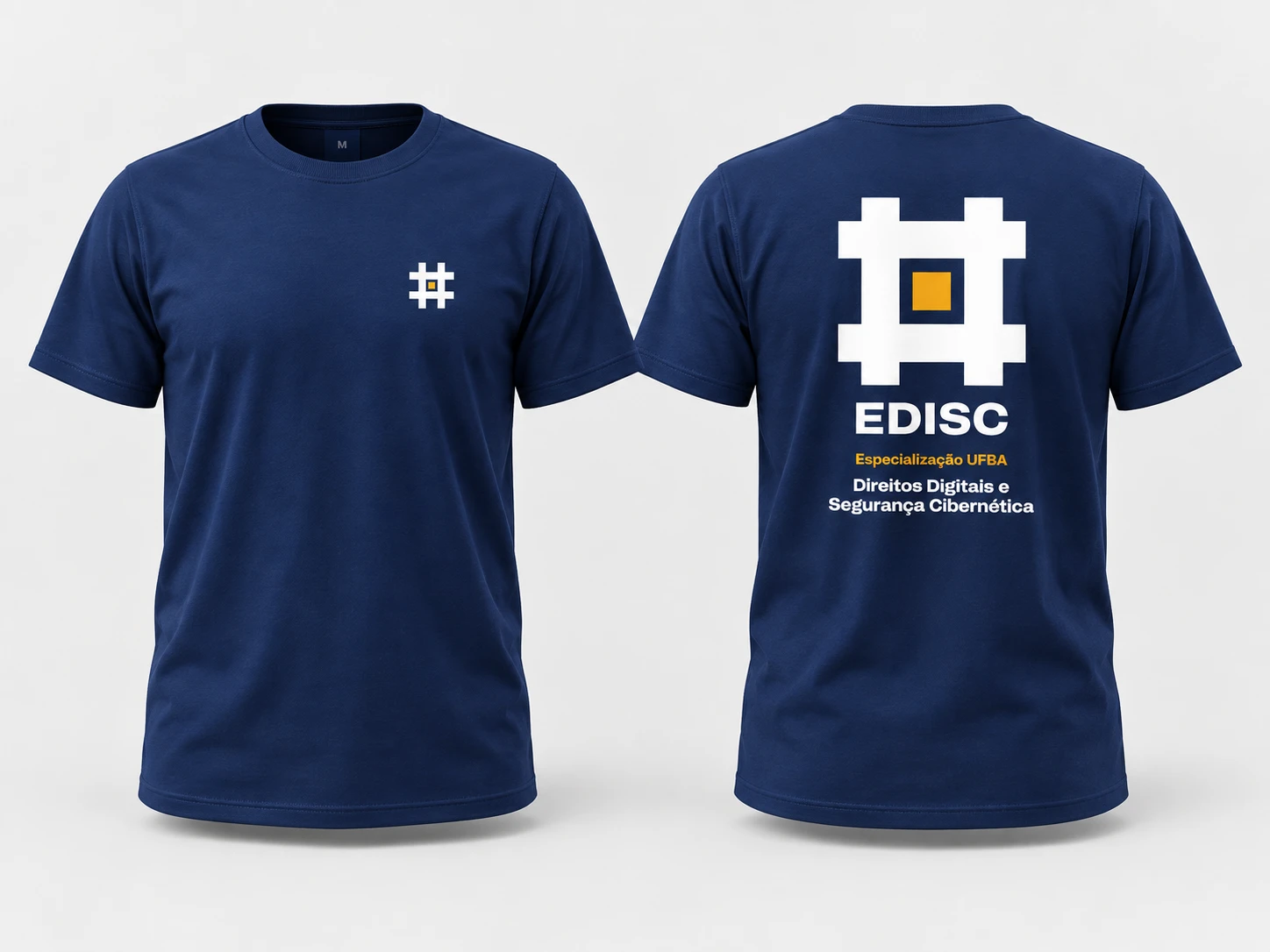 Camiseta Azul Custódia, frente com símbolo no peito e costas com o símbolo grande, EDISC e nome do curso