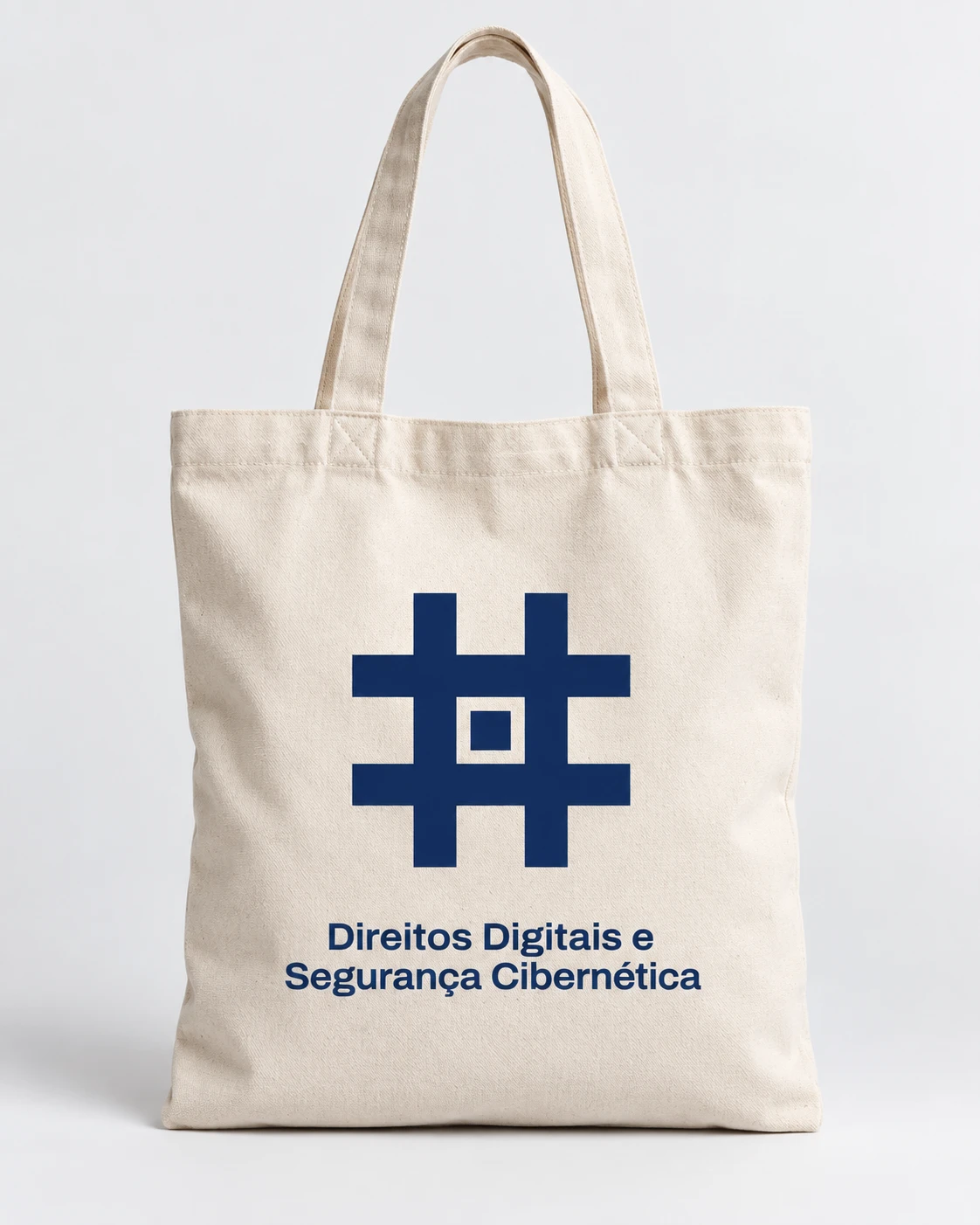 Bolsa de algodão cru com o símbolo grande e o nome do curso em azul