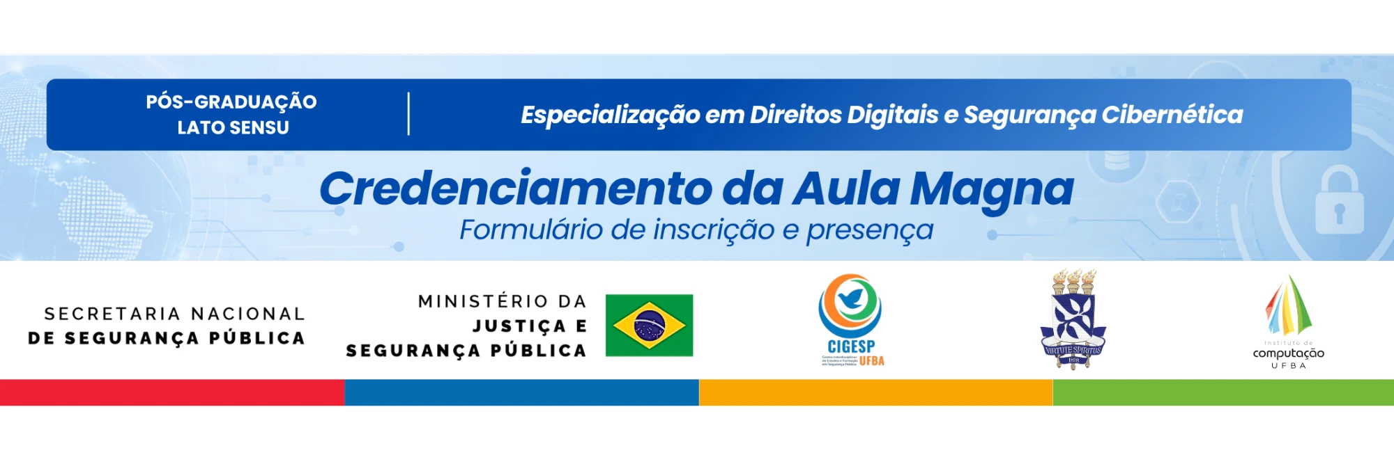 R1: cabeçalho de credenciamento da Aula Magna com faixa azul e marcas parceiras